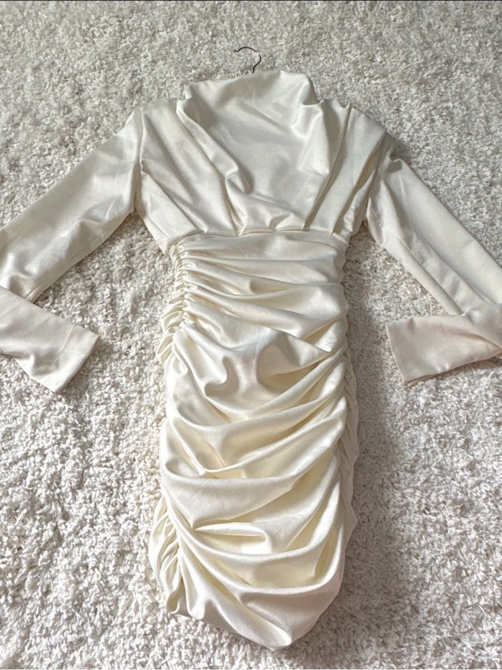 House of CB Ivory Satin Ruched Long Sleeve Dress